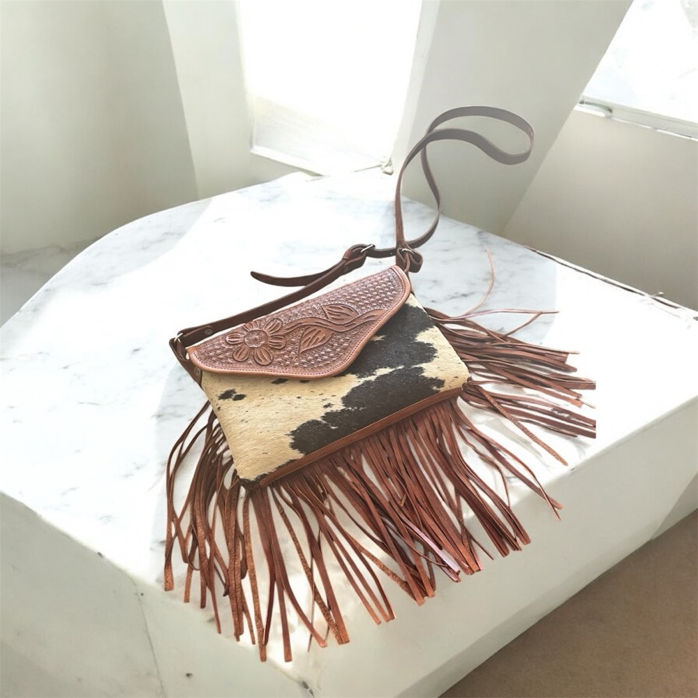 Boho Chic Leather Crossbody Bag with tassels